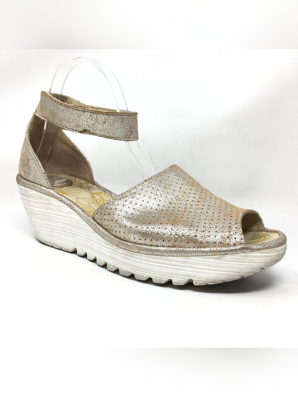 FLY London Yake Metallic Perforated Leather Wedge Sandals EU 39 US 8-8.5 Gold